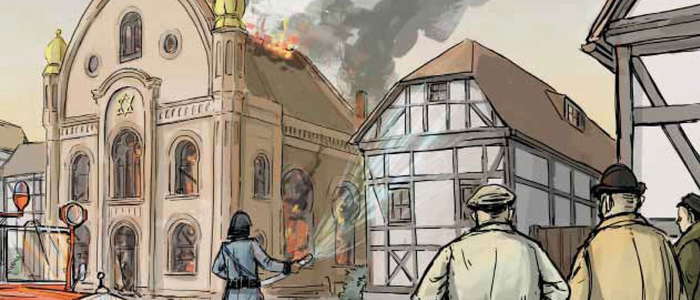 „Wohin spritzt die Feuerwehr ?“, fragt der Künstler Manuel Tirrano mit seinem Bild vom Brand der Höchster Synagoge. Bild: Manuel Tirrano